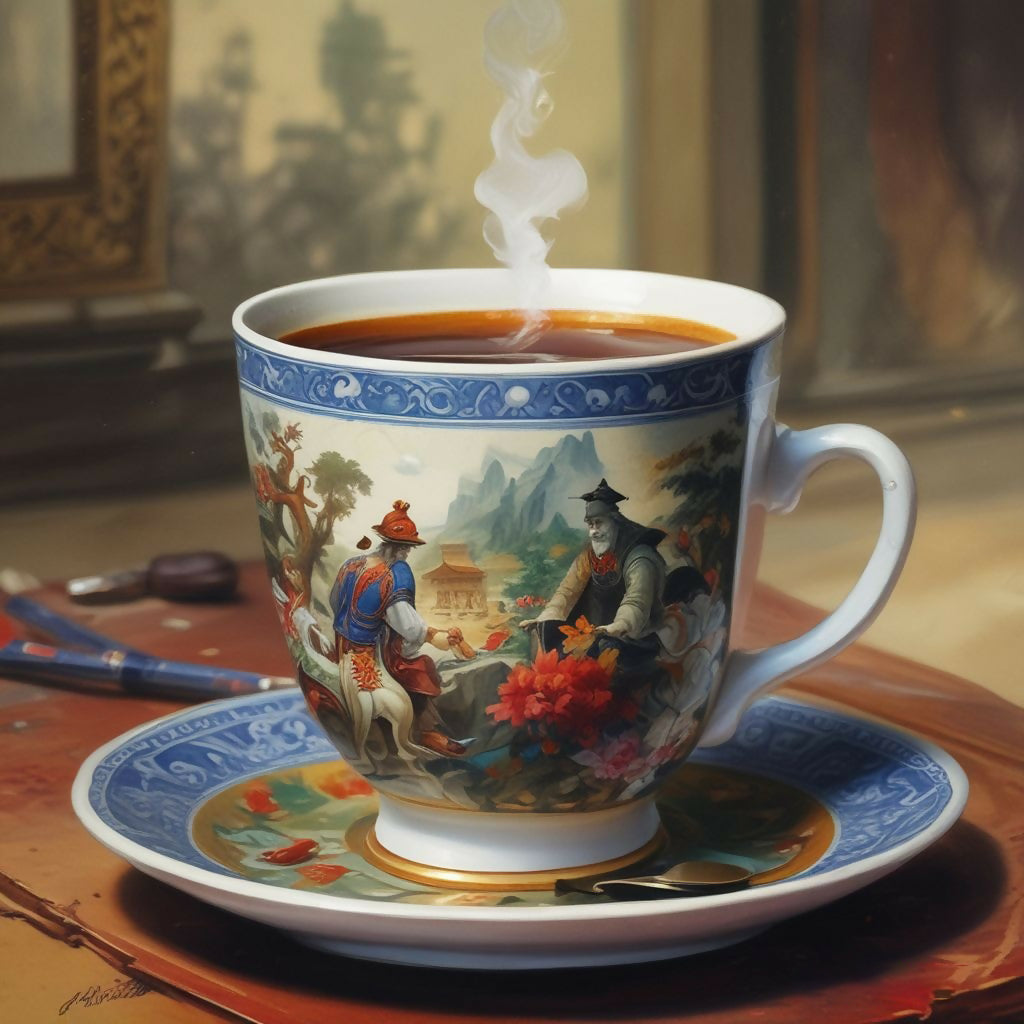 A steaming Chinese mug of coffee