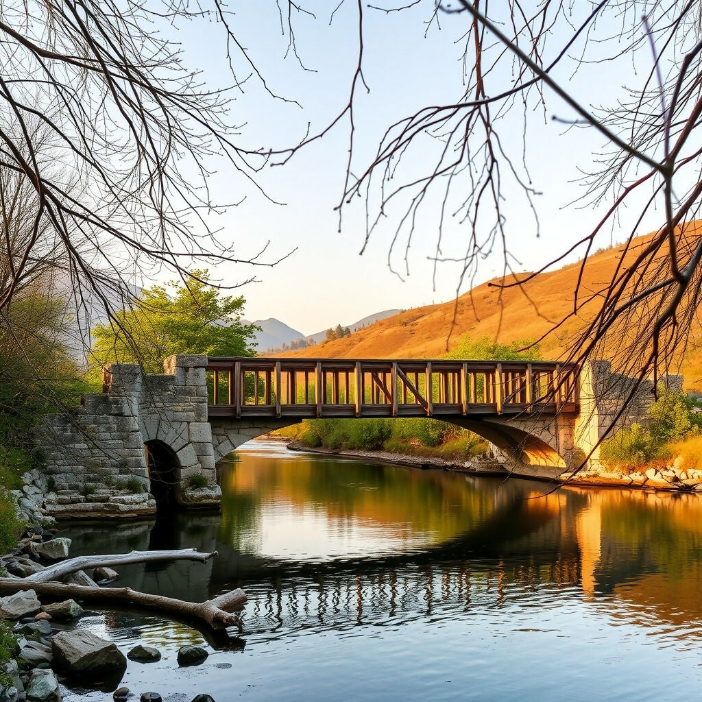 Rustic Wooden Bridge Over Tranquil River at Sunset