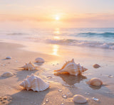 serene beach sunrise photography backdrop with morning mist and seashells on the sand