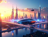 Firefly_A breathtaking futuristic city at sunset, glowing neon lights, flying cars, towering  195314