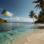 A tranquil beach with crystal-clear water and palm trees swaying in the breeze (1)