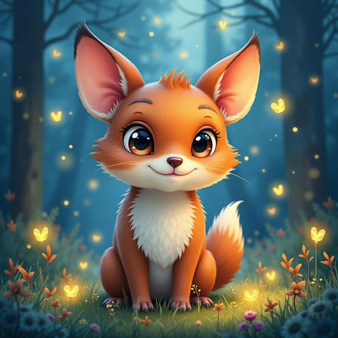 Whimsical Woodland Creature with Glowing Fireflies