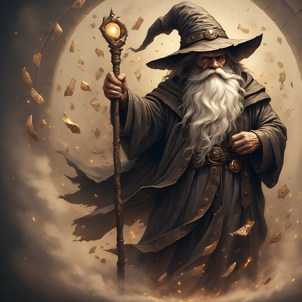 fantasy wizard arcane scrolls glowing staff mystical vortex ancient...