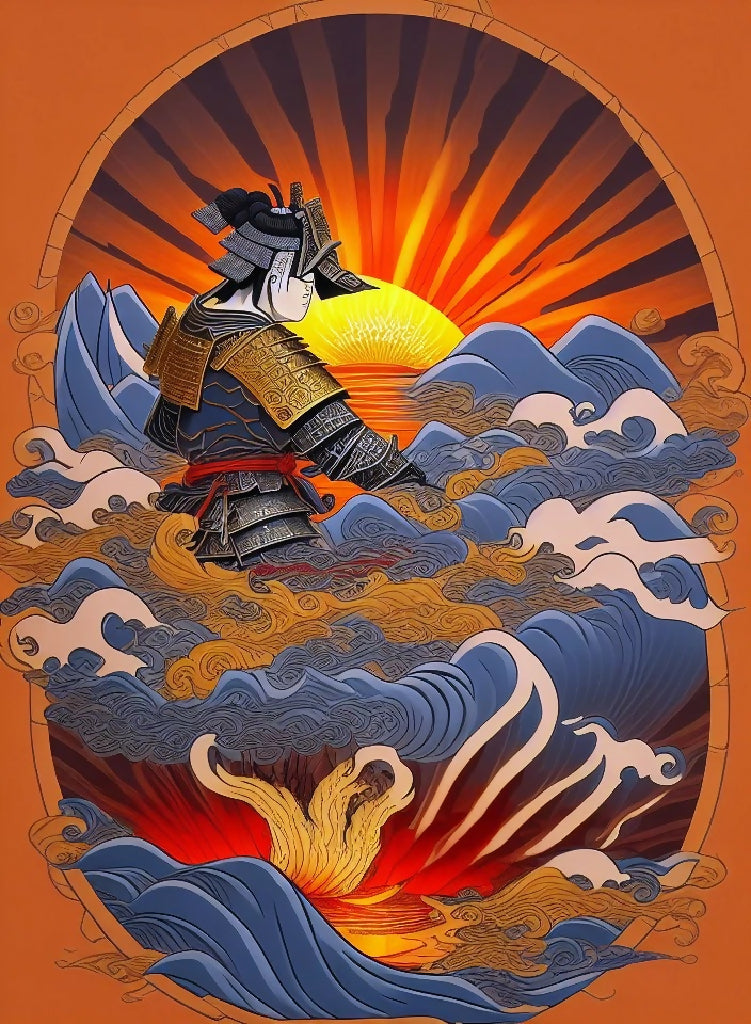 Samurai Rising Sun Samurai Amidst Rising Waves Wall Art | Japanese Warrior Decor