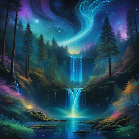 Dreamlike mystic forest with Aurora and Waterfall