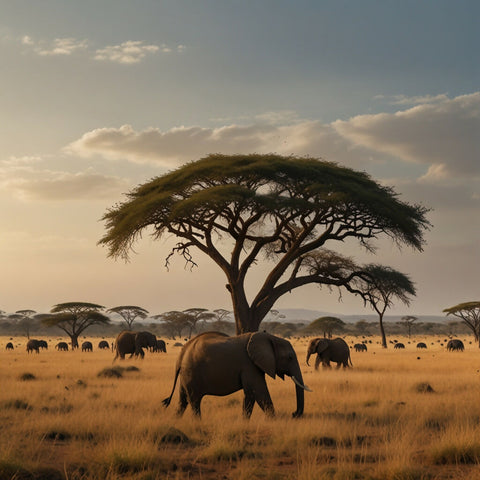 A vast savannah with acacia trees and a herd of elephants in the distance (2)