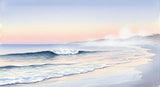 Beautiful twilight scene with soft waves meeting the shore under a colorful sky, evoking peace and tranquility.