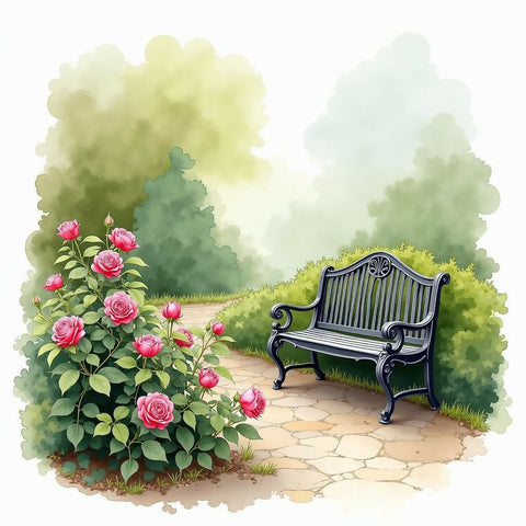 Serene Garden Portrait with Wrought-Iron Bench and Blooming Roses