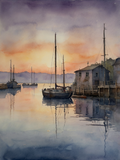 Serene Harbor Sunset Watercolor Painting