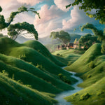 Landscape art with rolling green hills