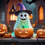 Cute ghost with Halloween pumpkins copy