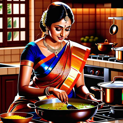 Indian woman cooking in kitchen