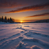 A vibrant sunset over a snowy landscape, casting a warm glow on the snow (2)