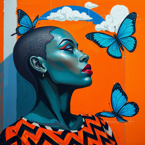 Pop Art Portrait of Black Woman with Blue Butterflies – Vibrant Afro Pop Art Wall Decor