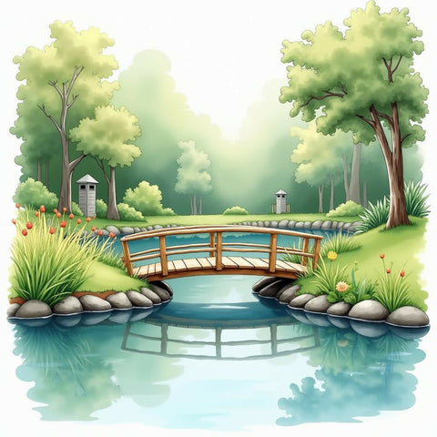 Tranquil Garden Pond with Wooden Footbridge