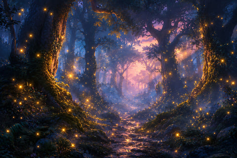 Enchanted Mystic Forest Path with Glowing Fireflies at Twilight