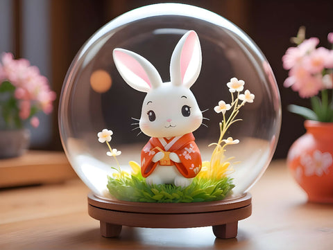 Cute Rabbit wearing Japanese clothes setting Inside a glass bubble between flowers