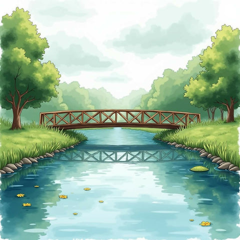 Tranquil River Scene with Wooden Footbridge