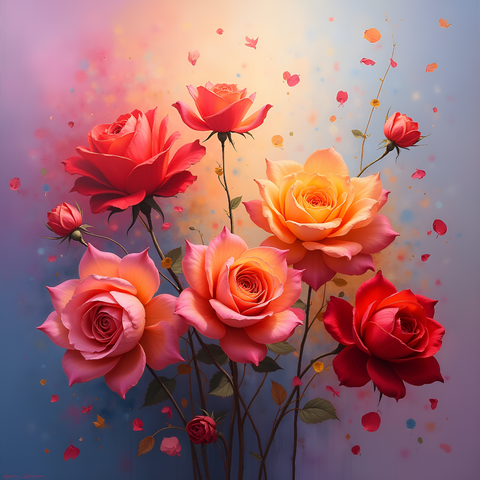 A vibrant painting of numerous roses, showcasing delicate petals and shimmering dew, creating a romantic atmosphere. Generative Al