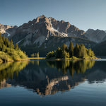 A serene mountain lake with reflections of the surrounding peaks and a clear blue sky (2)