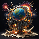 A detailed photorealistic image of the Earth explosion The planet is engulfed in a dramatic explosion. Behind it, a backdrop of stars and galaxies provides a cosmic perspective