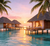 luxury Maldives-inspired beach photography backdrop with overwater bungalows and sunset reflections
