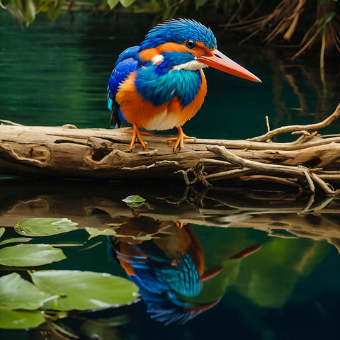 malachite kingfisher perching on a log of wood