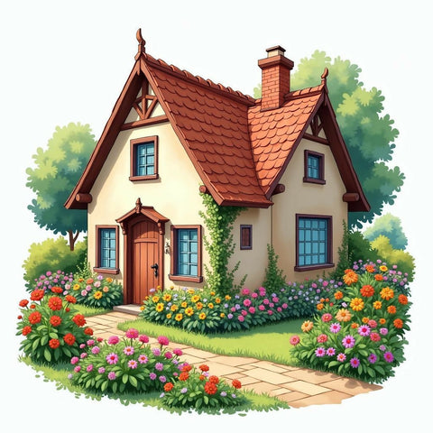 Charming Cottage with Vibrant Flower Garden