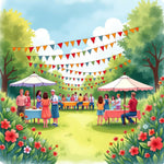 Lively Garden Party with Colorful Bunting