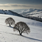 Rolling hills covered in a thick layer of snow, with a few bare trees dotting the landscape (1)