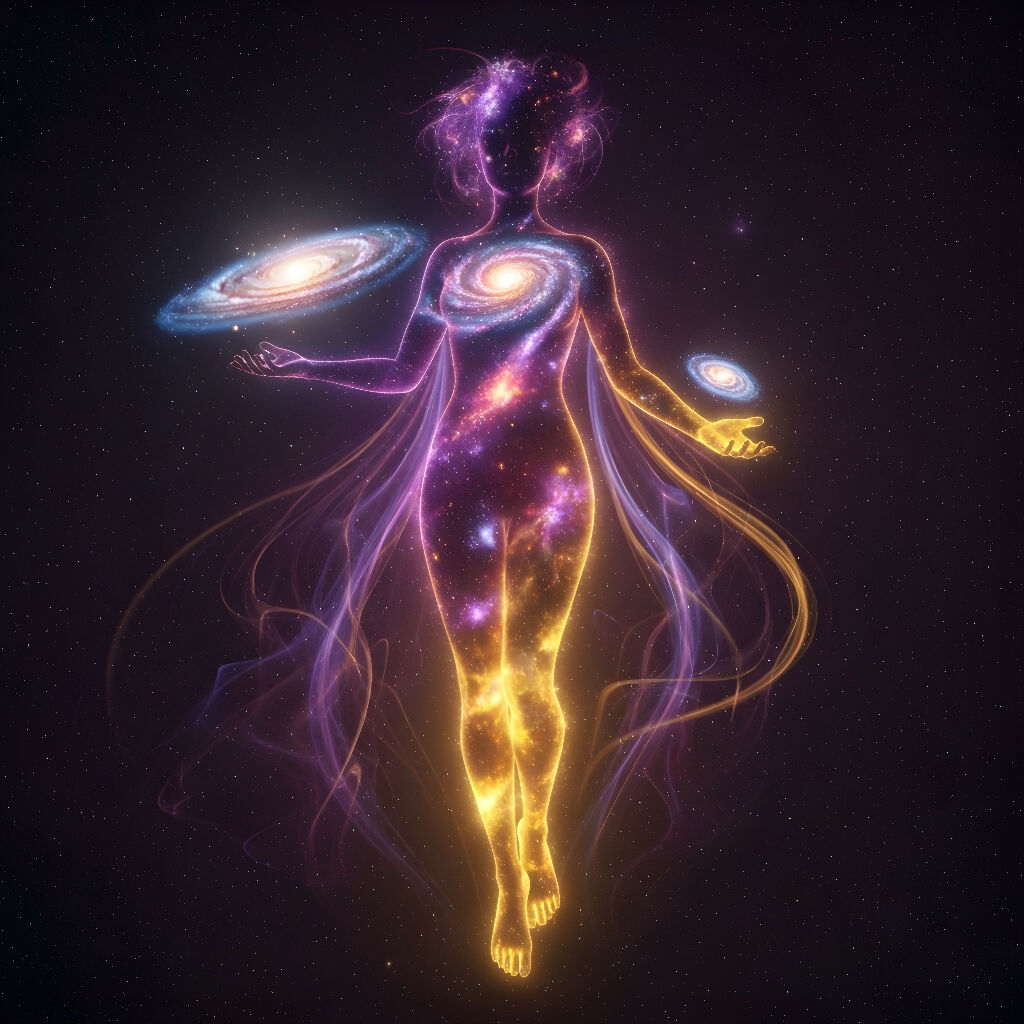 cosmic figure, galaxy art, space deity, nebula body, surreal univer...