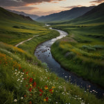 A lush green valley with a winding river and wildflowers in bloom (2)