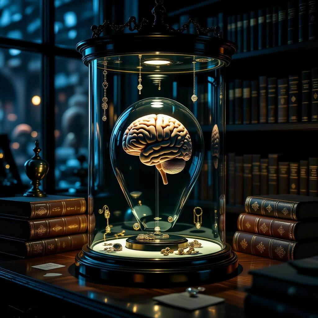 Eerie Antique Shop Brain Display in Dark Style