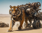 a futuristic tiger in the style of Mad Max.