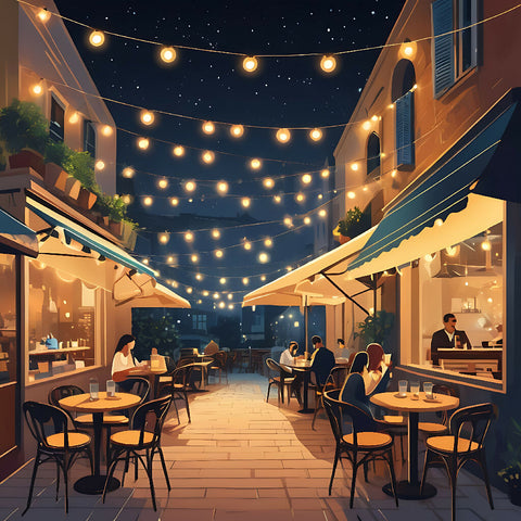 A captivating image of a charming outdoor cafe at twilight