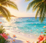 tropical paradise photography backdrop with oversized palm leaves and floating flower petals