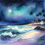 A Beach At Night With Waves Crashing Against The Shoreline Ai Artwork