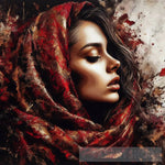 A Beautiful Girl Sensual Scarf Red Dark Gold And Black Ai Artwork