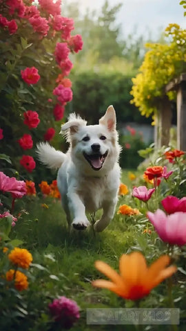 A Beautifull Cute Dog Playing In A Garden Full Ai Painting