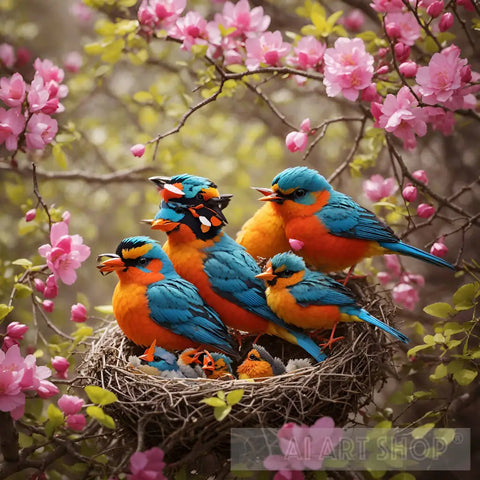 A Beautifully Colored Bird Feeding Its Young In The Nest. Animal Ai Art