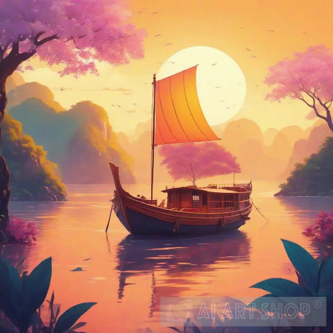 A Boat In The River Of Ninh Binh With Sunset Background Back View Landscape Ai Art