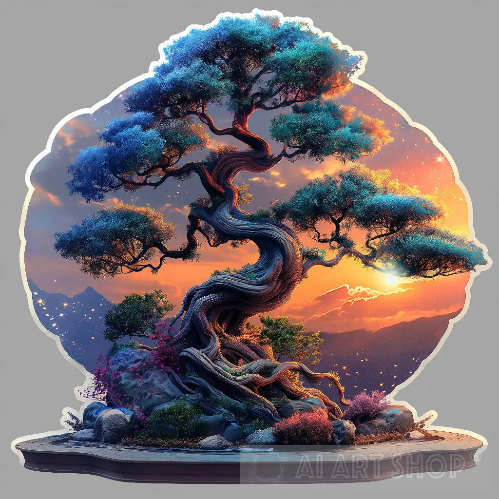 A bonsai tree sticker, miniature tree design, encompassed by a whit...