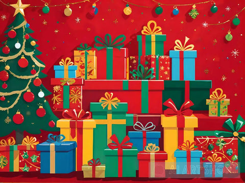 A Bunch Of Christmas Presents Lined Up Surrounded By Decorations Ai Artwork