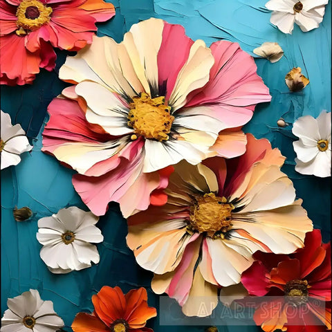 A Burst Of Color: Cosmos Hibiscus And Anemone In Bloom Ai Artwork