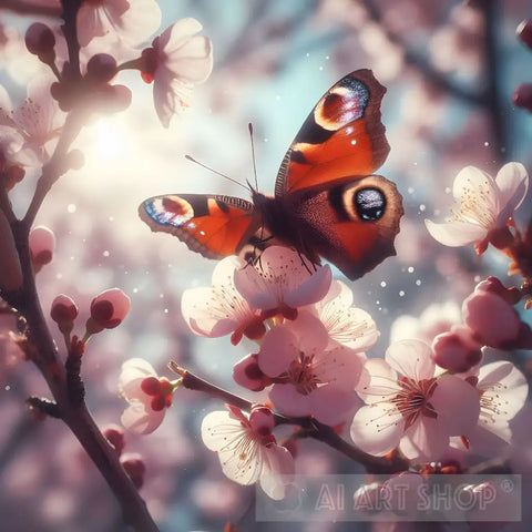 A Butterfly Landing On A Blooming Cherry Branch Nature Ai Art