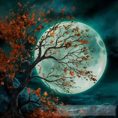 A Captivating Scene Of A Tree With Autumn-Hued Leaves Set Against Backdrop Large Glowing Moon. The