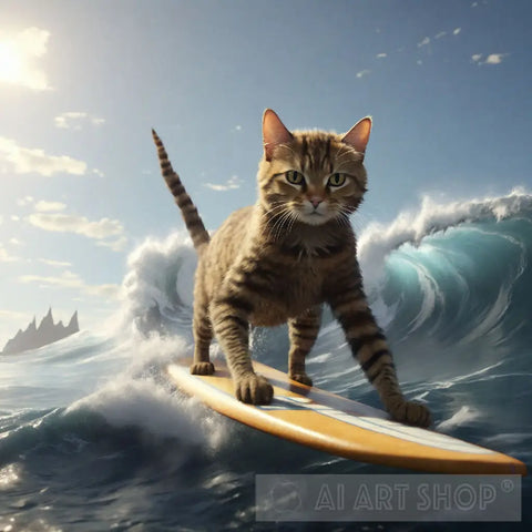 A Cat Is Surfing On A Big Wave Ai Painting