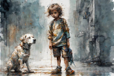 A Child With His Dog In The Rain Oil Paints Ai Artwork