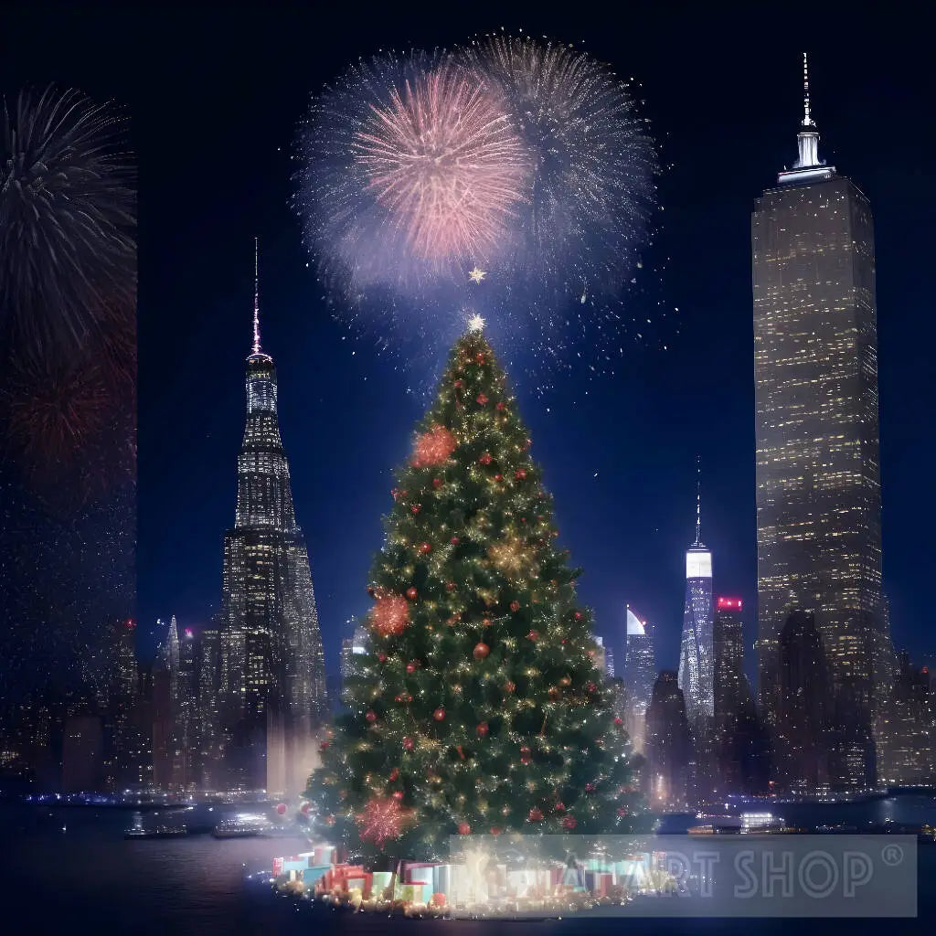 Christmas tree, presents, skyscraper, NEW YORK, fireworks.