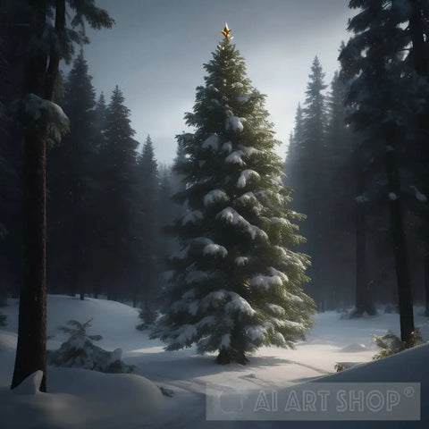 A Christmas Tree In The Middle Of Snowy Forest Nature Ai Art